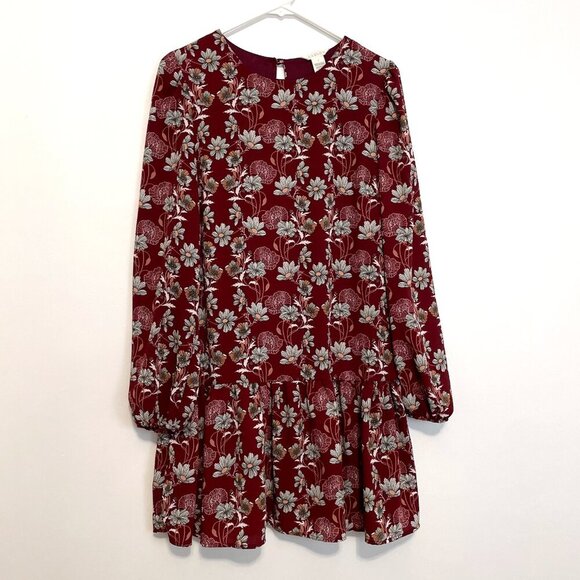 NEW NWT CASLON Floral Print Long Sleeve Drop Waist Mini Dress Burgundy Maroon S - Picture 2 of 15